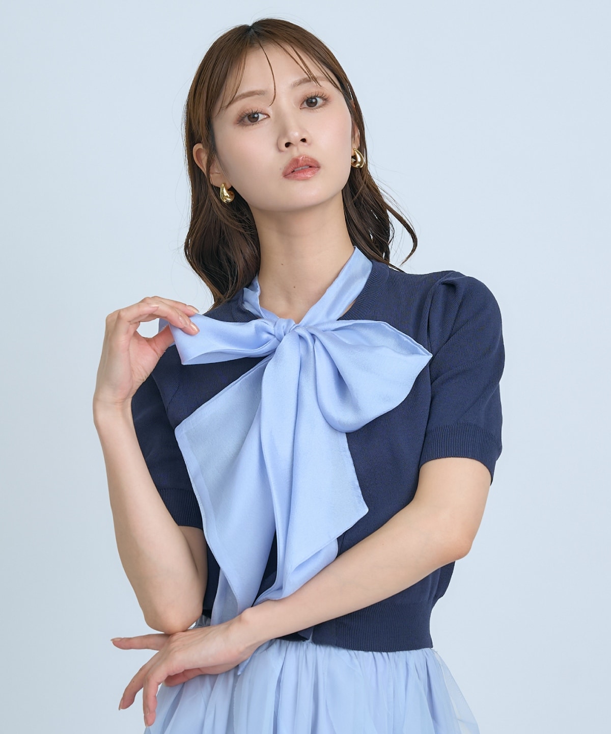 【先行予約受付中】異素材リボン半袖ニットカーディガン