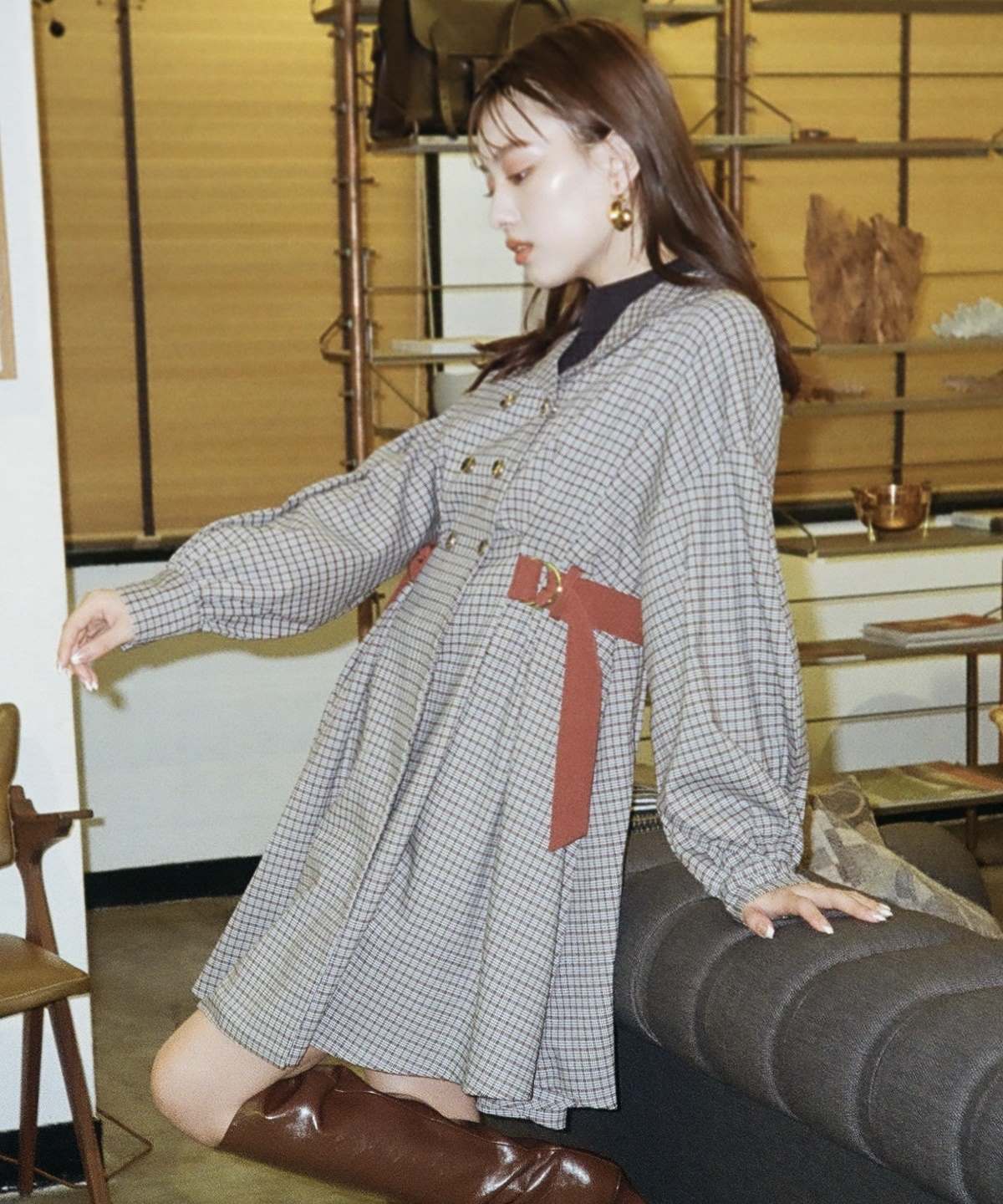 チェックダブルボタンシャツワンピース F レッド Redyazel 公式オンラインショップ バーンデストローズ