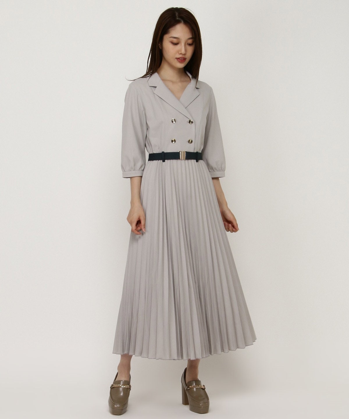 ７分袖ダブルバイカラープリーツワンピ S ミディアムグレー Redyazel 公式オンラインショップ バーンデストローズ