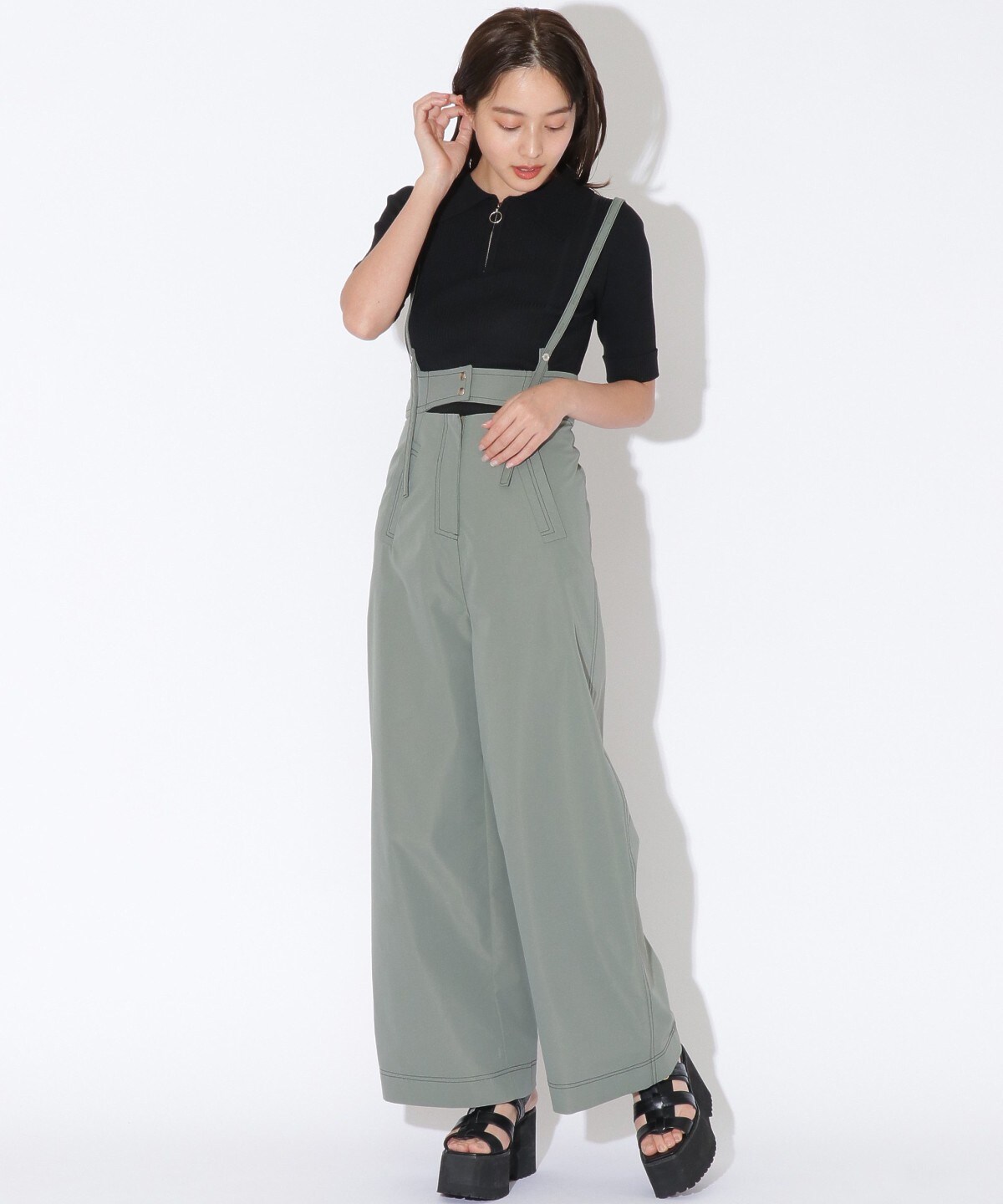 配色ステッチサス付きハイウエストパンツ F カーキ Redyazel 公式オンラインショップ バーンデストローズ