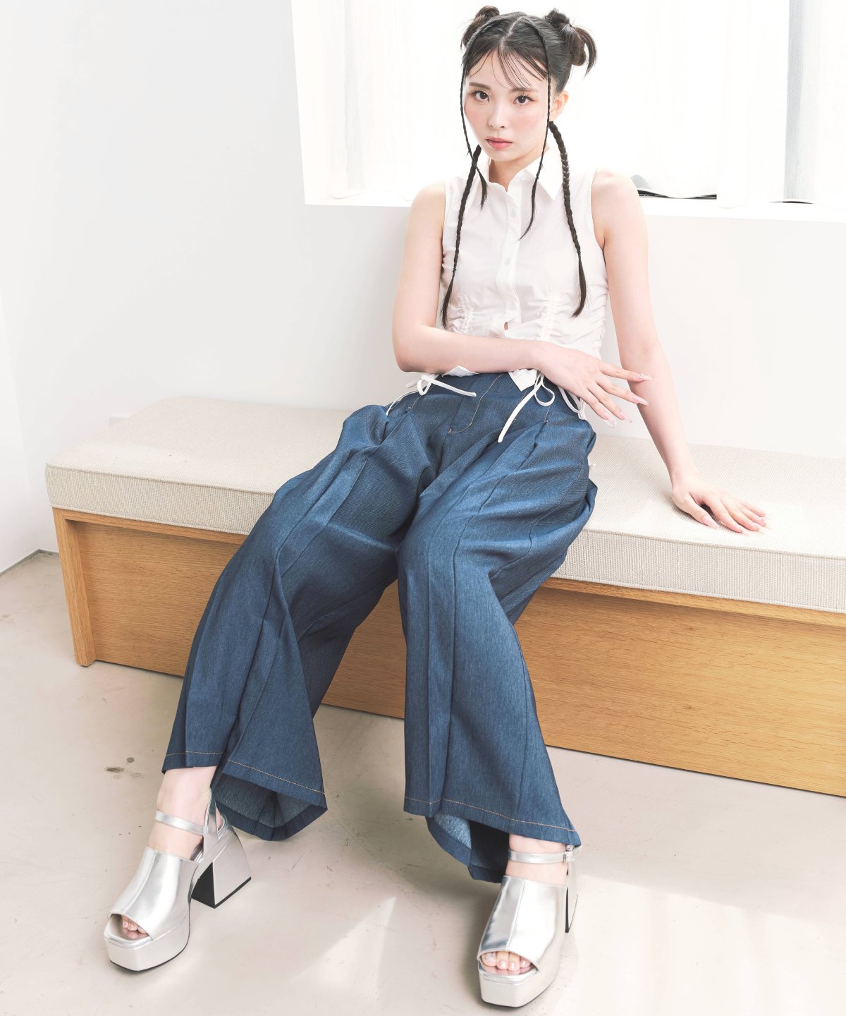 【REDYAZEL】ノースリーブギャザーリボンシャツ 