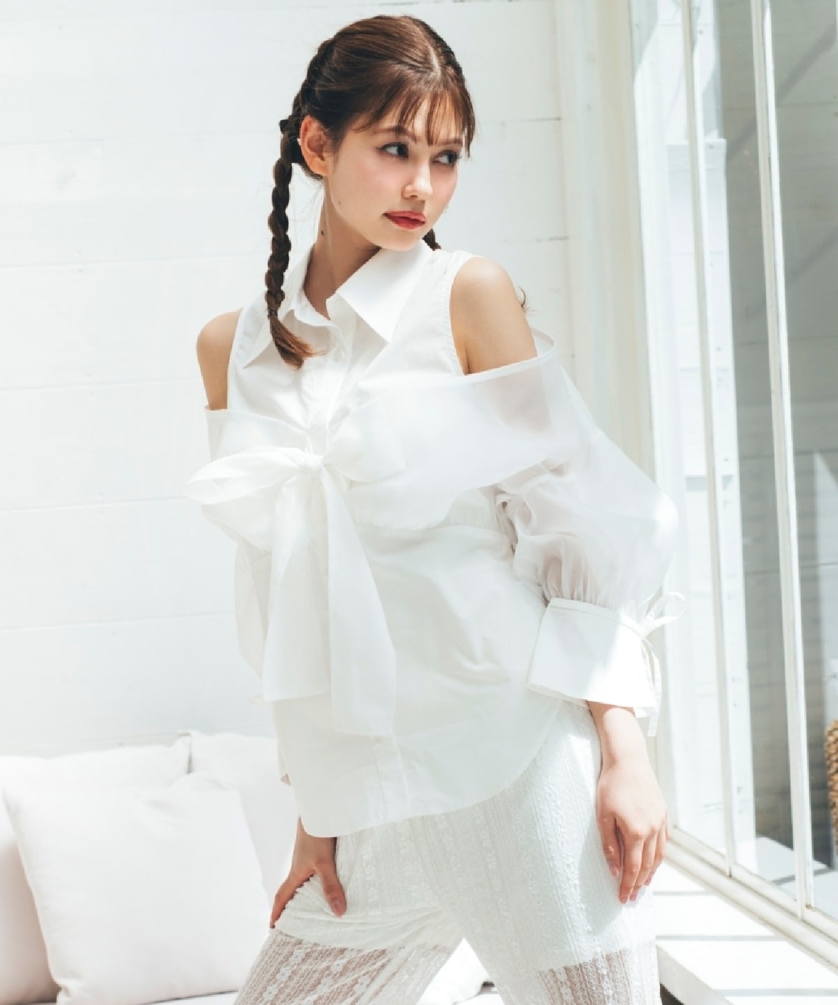 フロントリボンオフショルシャツ