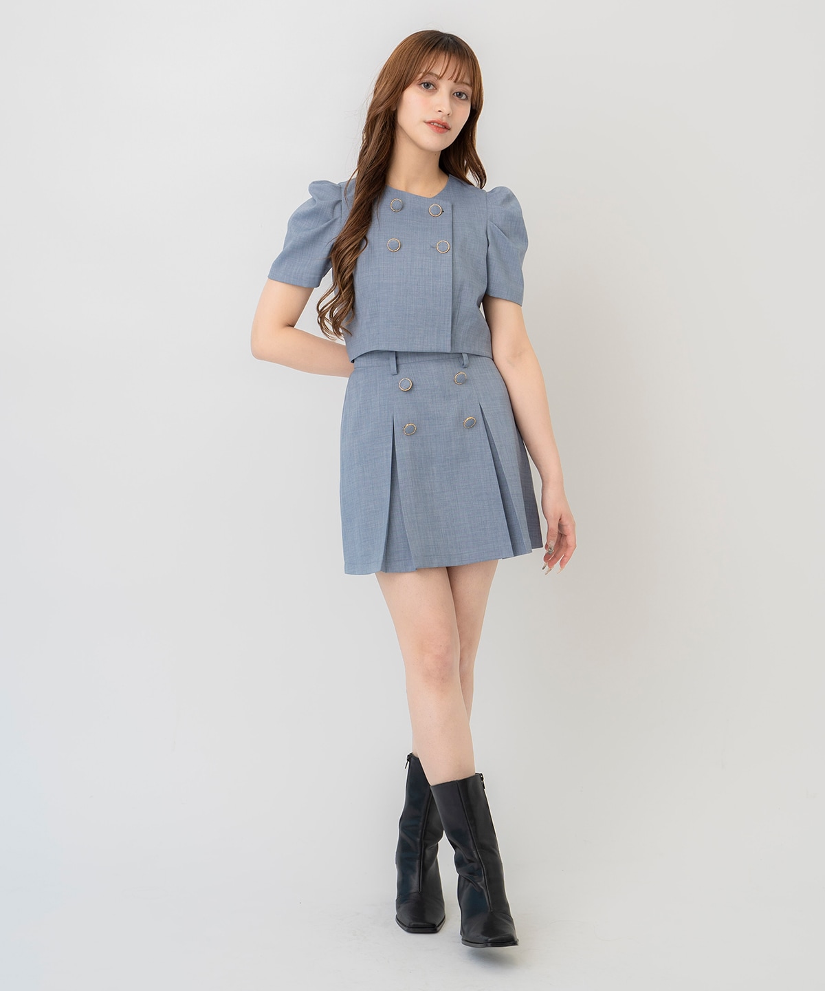 【セットアップ可能】ボタン付きボックスプリーツスカート