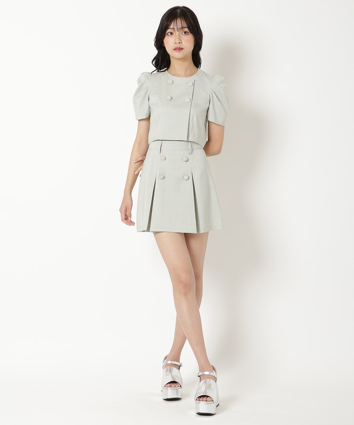 【セットアップ可能】ボタン付きボックスプリーツスカート