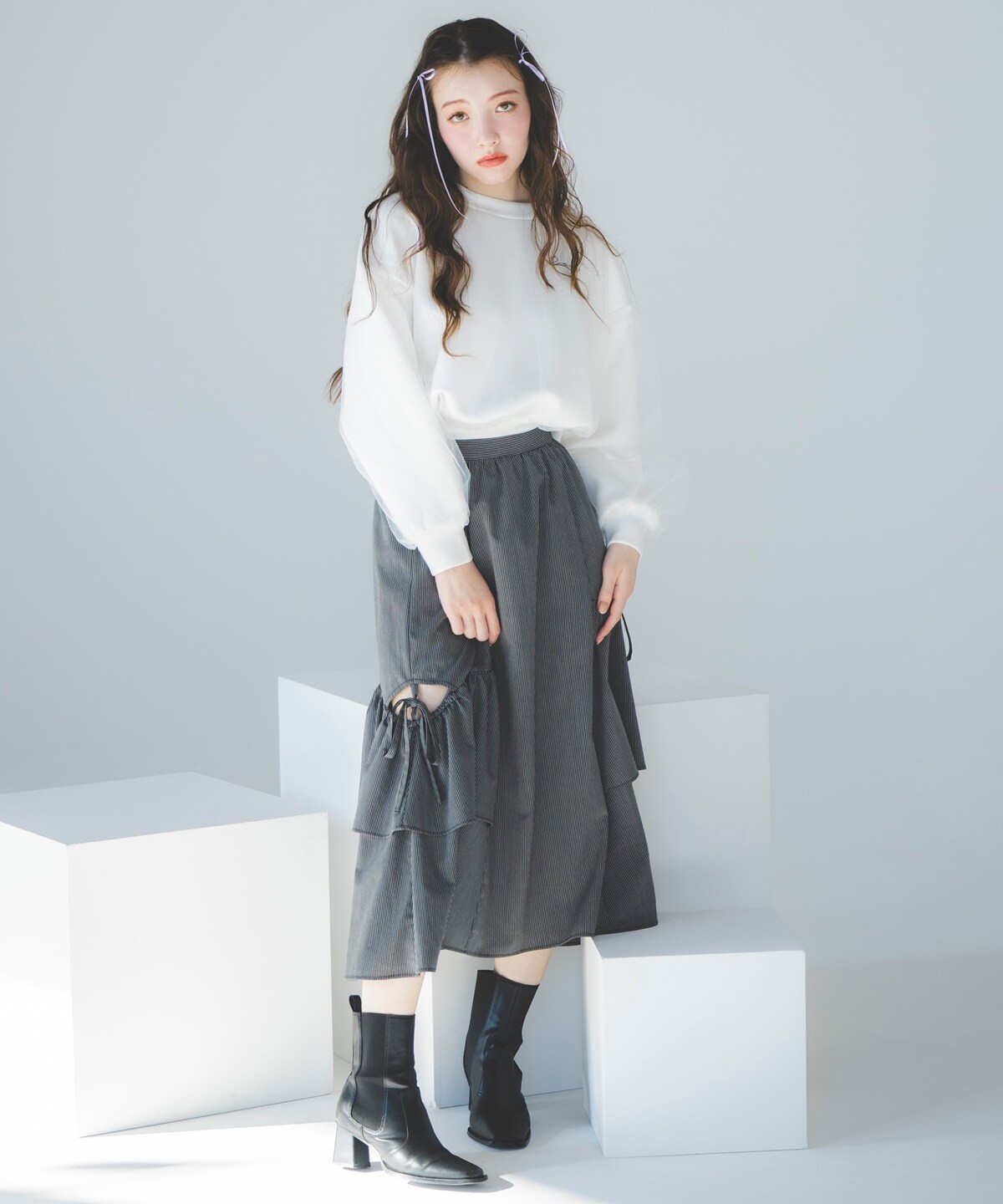 【セットアップ可能】ストライプレッグ開きスカート