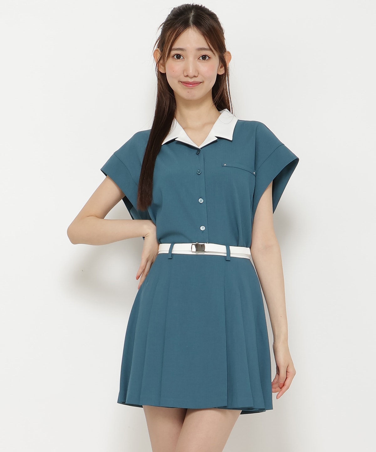 【セットアップ可能】配色ベルトプリーツショートスカパン