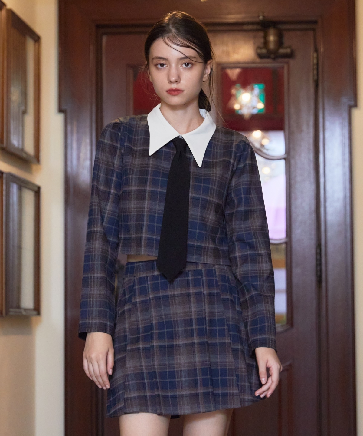 【セットアップ可能】ネクタイチェックトップス