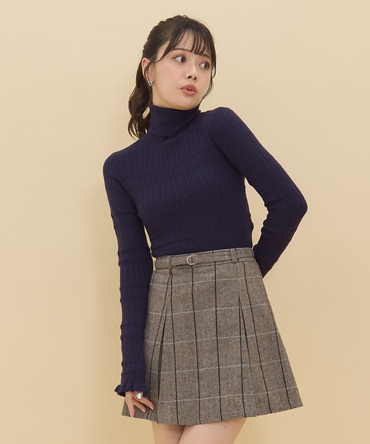 【セットアップ可能】ヘリンボーンチェックタックミニスカート