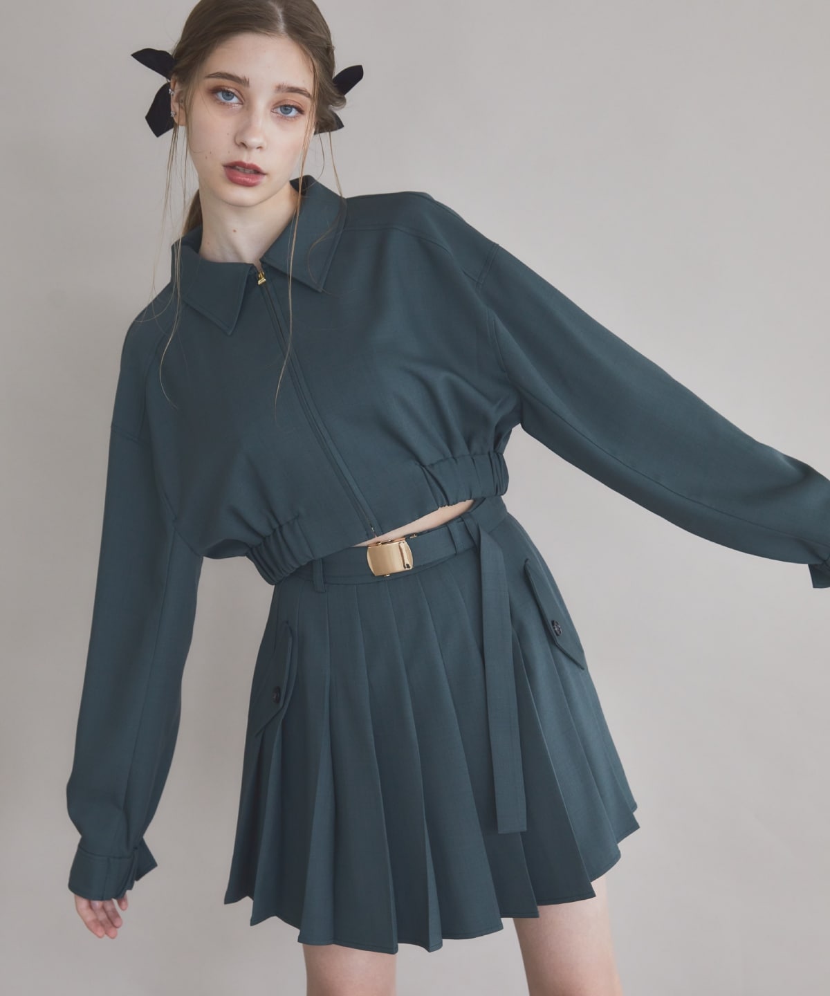 【セットアップ可能】ベルト付きプリーツショートスカート