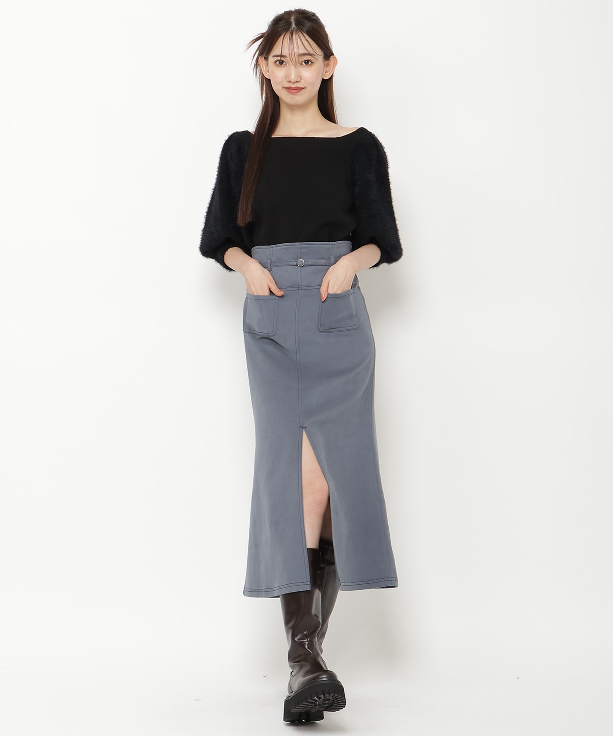 配色ステッチＡラインスカート