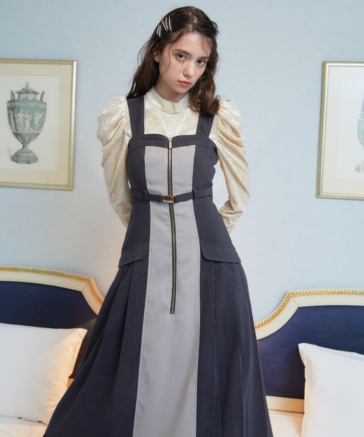 【REDYAZEL】バイカラーサイドプリーツジャンパースカート