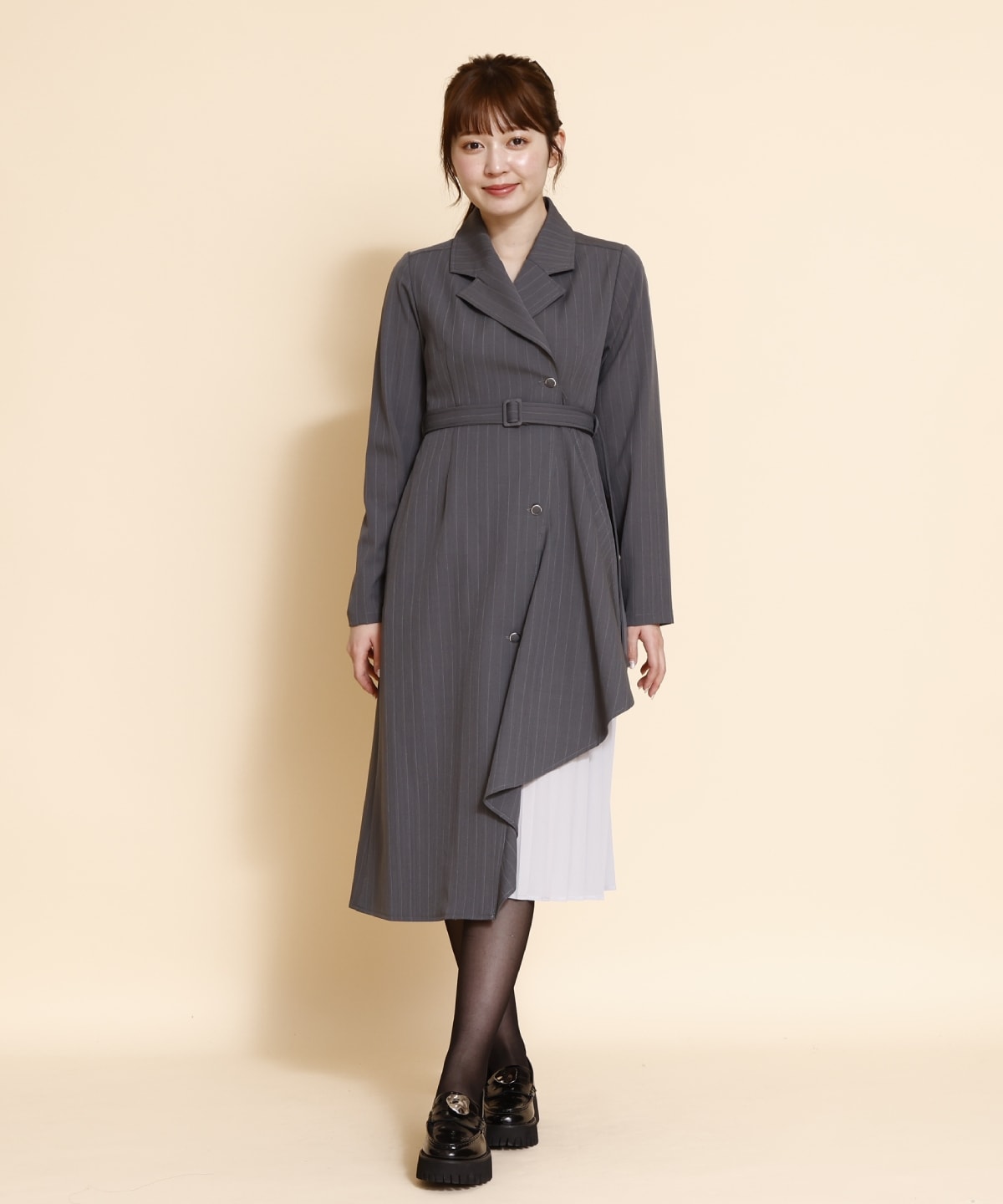 サイドプリーツストライプワンピース