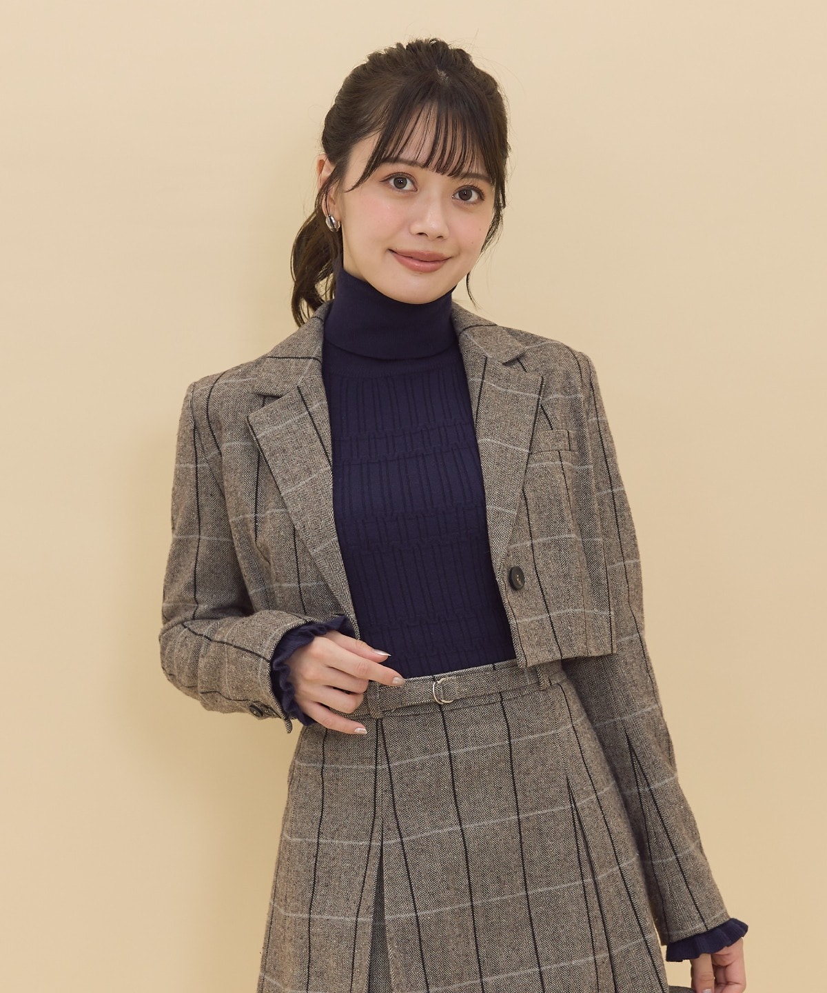 【セットアップ可能】ヘリンボーンチェックテーラーショートジャケット