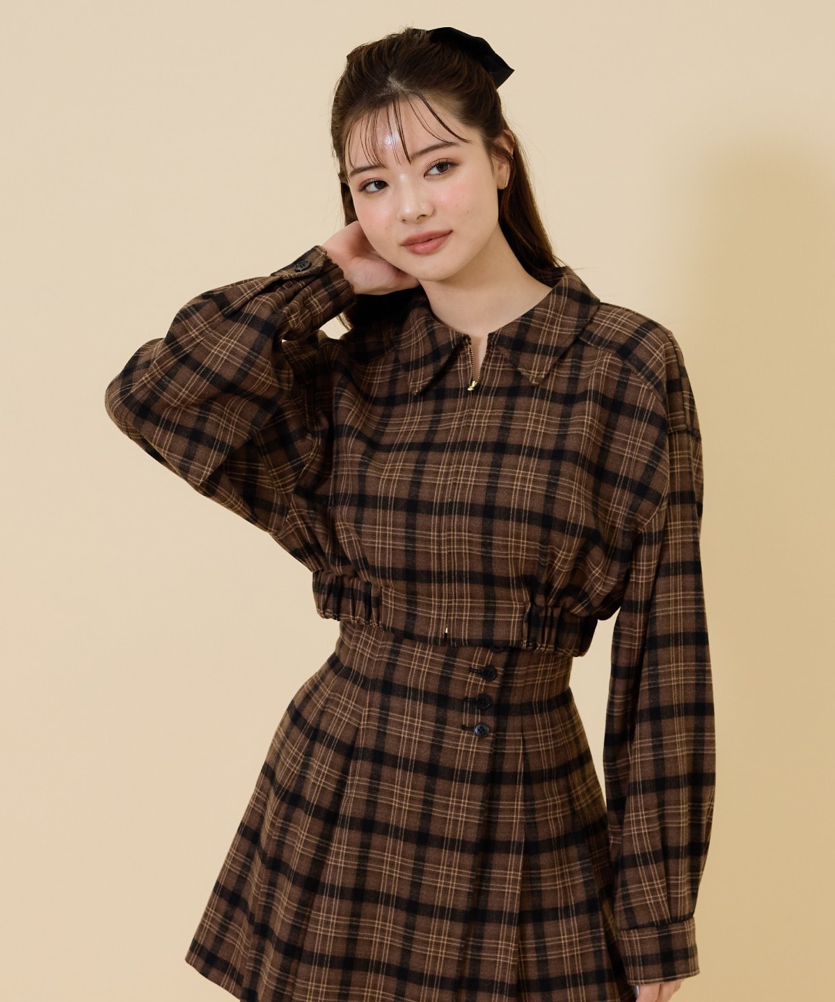 【セットアップ可能】フロントジップチェックショートブルゾン