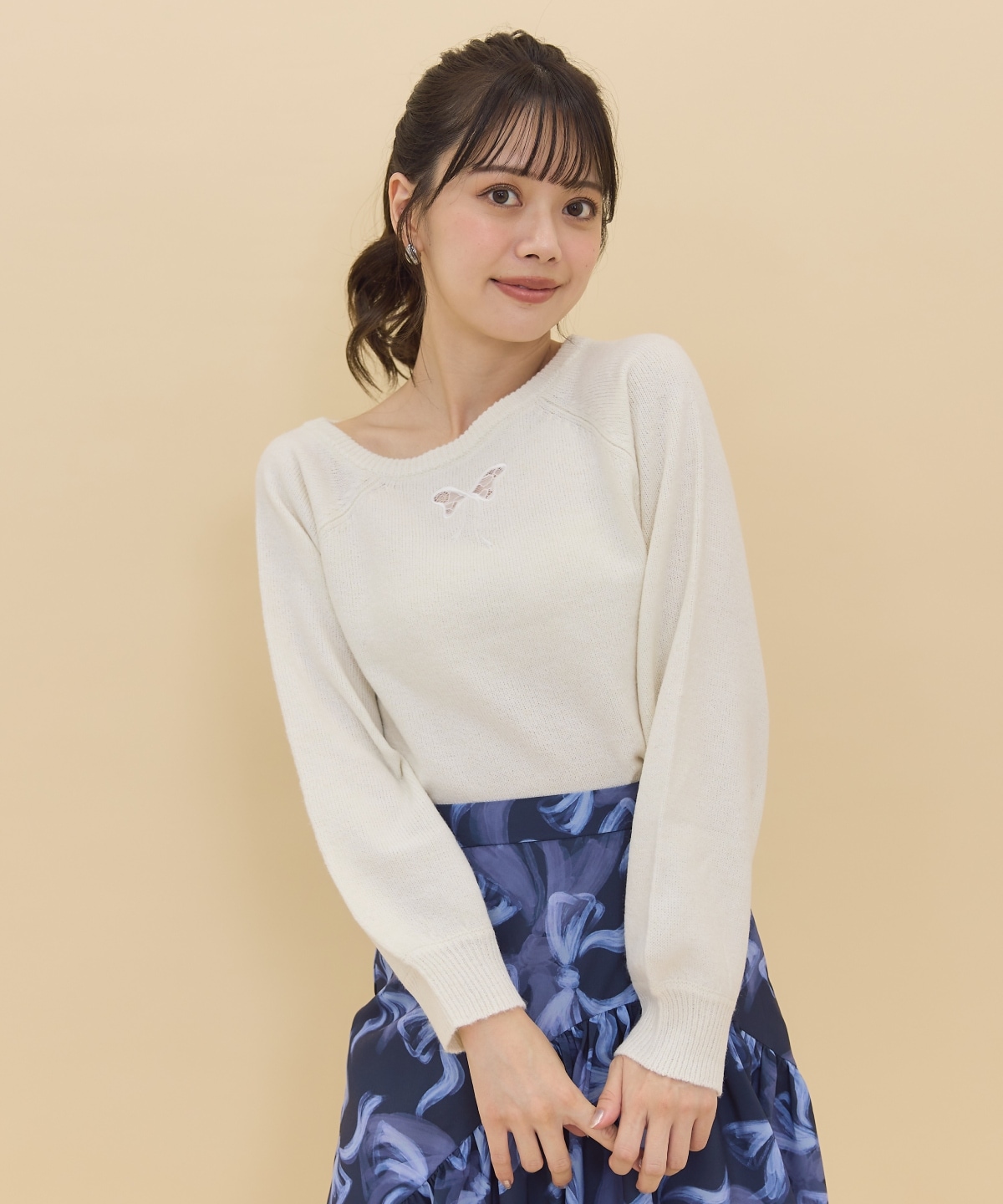 ワンショルリボンレースニット