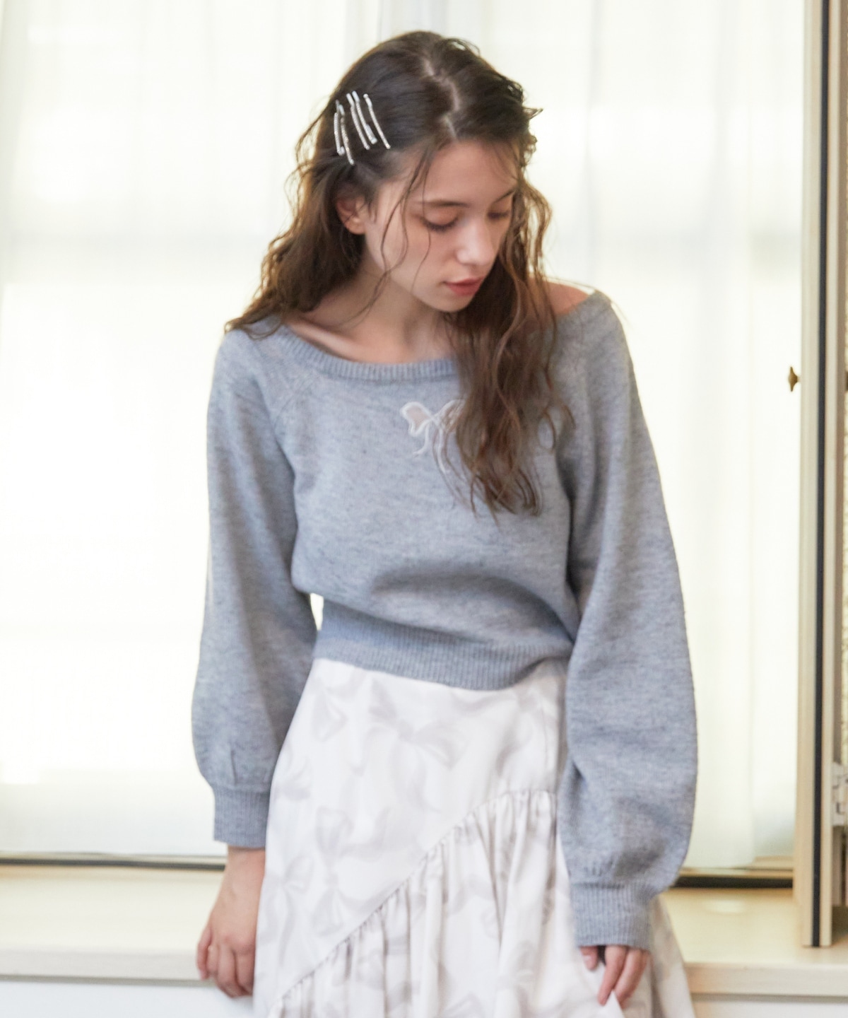 ワンショルリボンレースニット