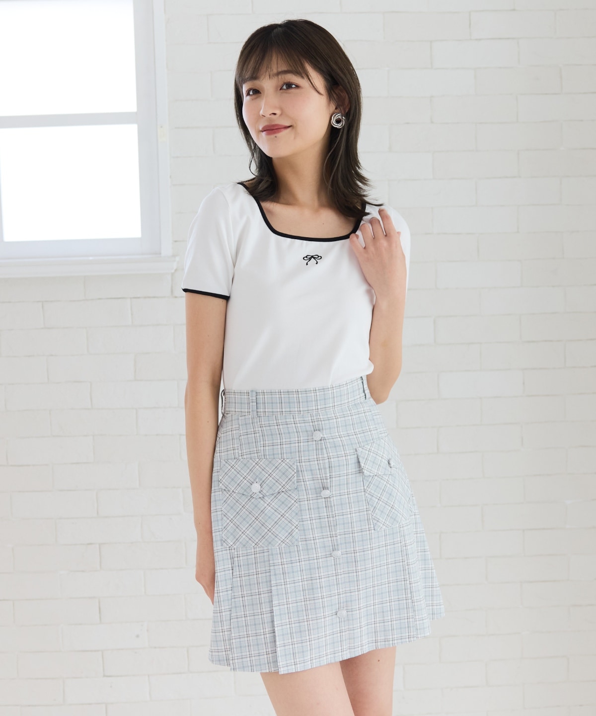 フロントボタンチェックミニスカート