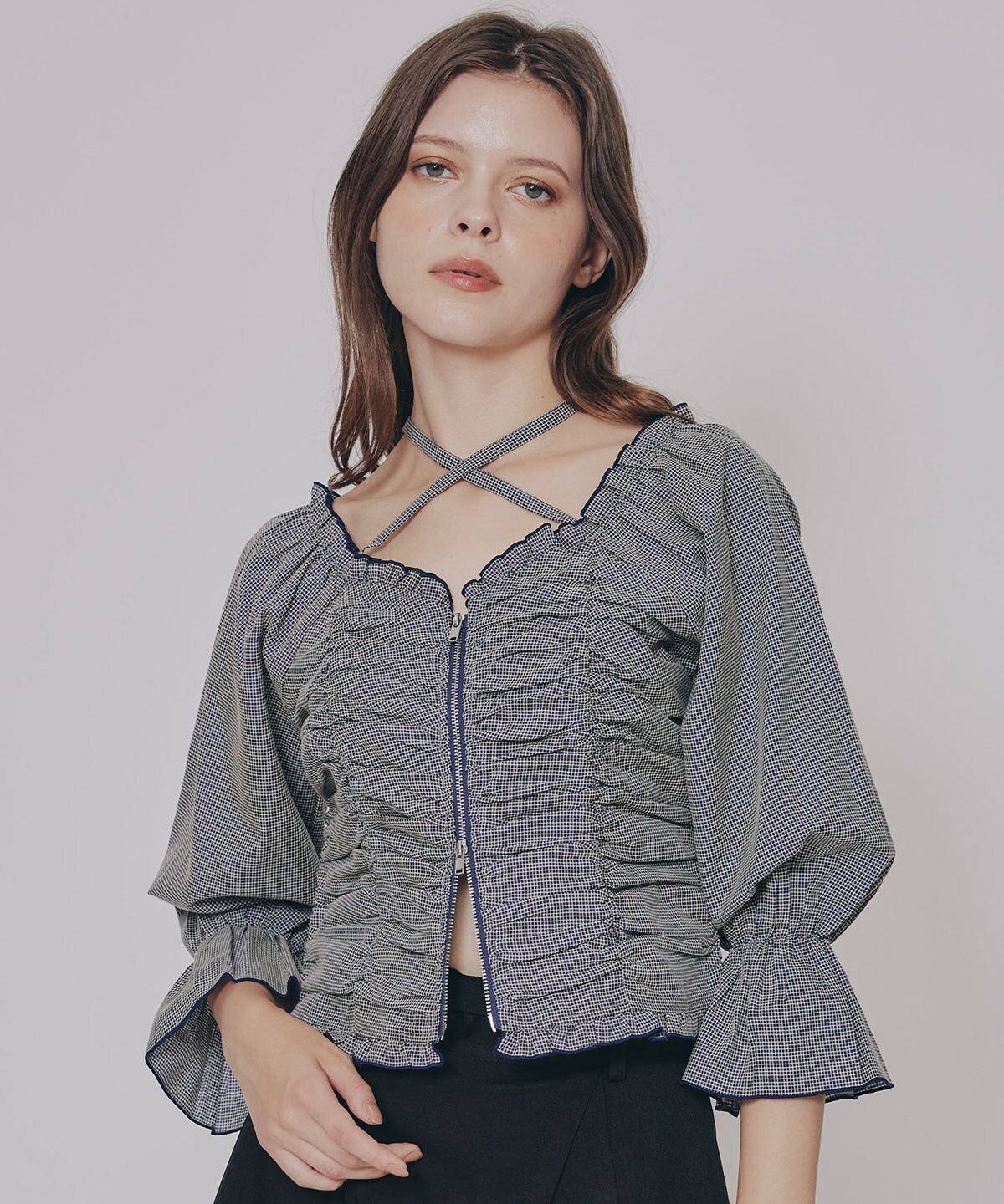 フロントZIPクロスギャザーブラウス