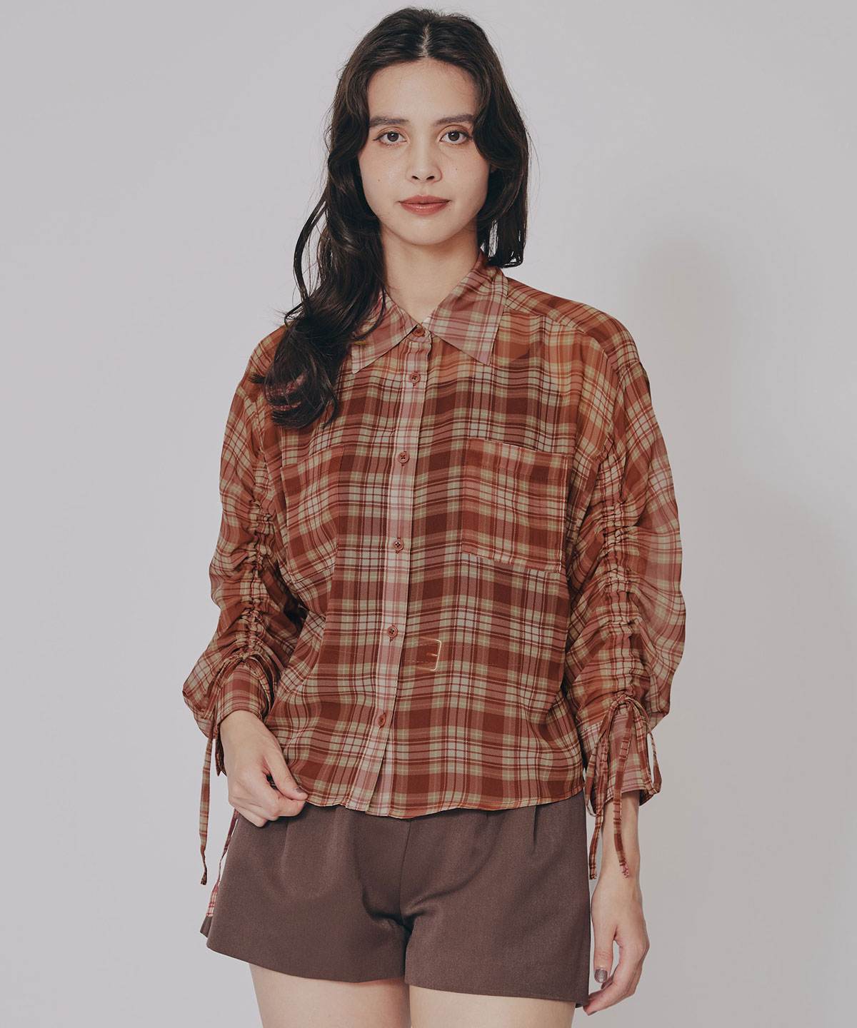シアーチェックドロストスリーブシャツ