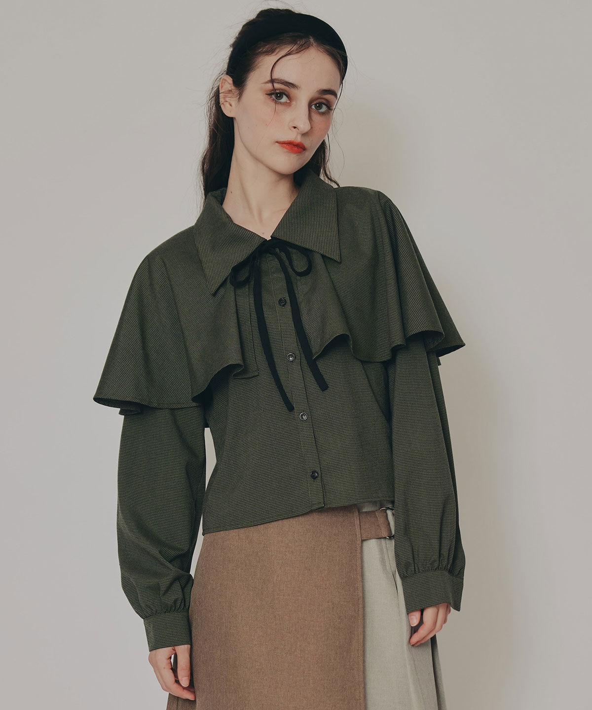 ケープライクグレンチェックリボンタイブラウス