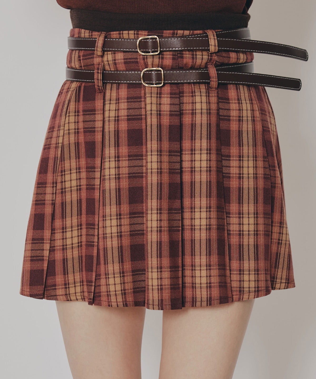 ダブルベルトチェックプリーツミニスカート