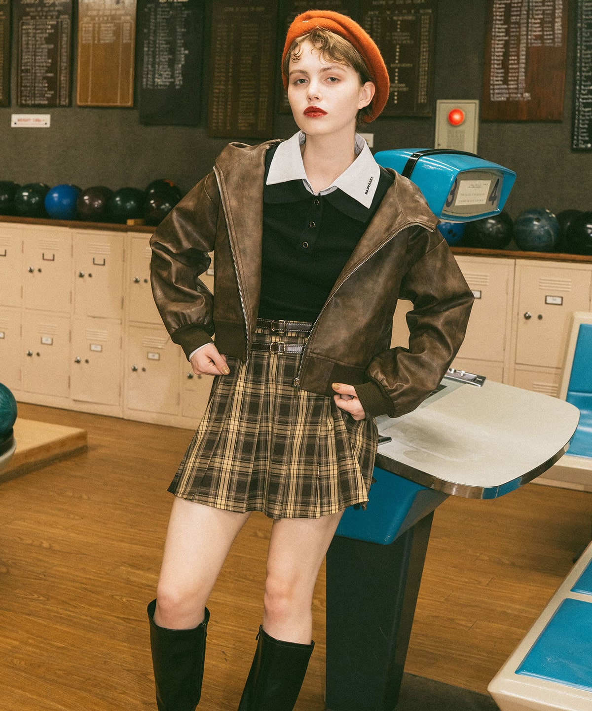 ダブルベルトチェックプリーツミニスカート