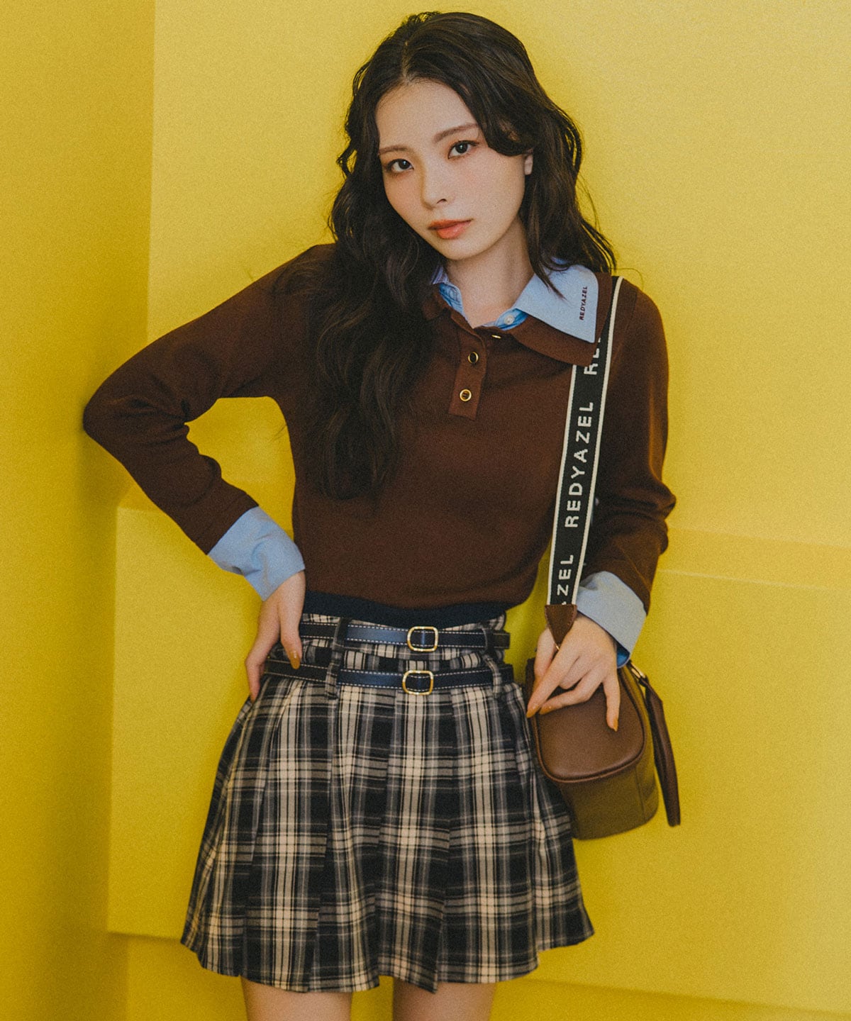 ダブルベルトチェックプリーツミニスカート