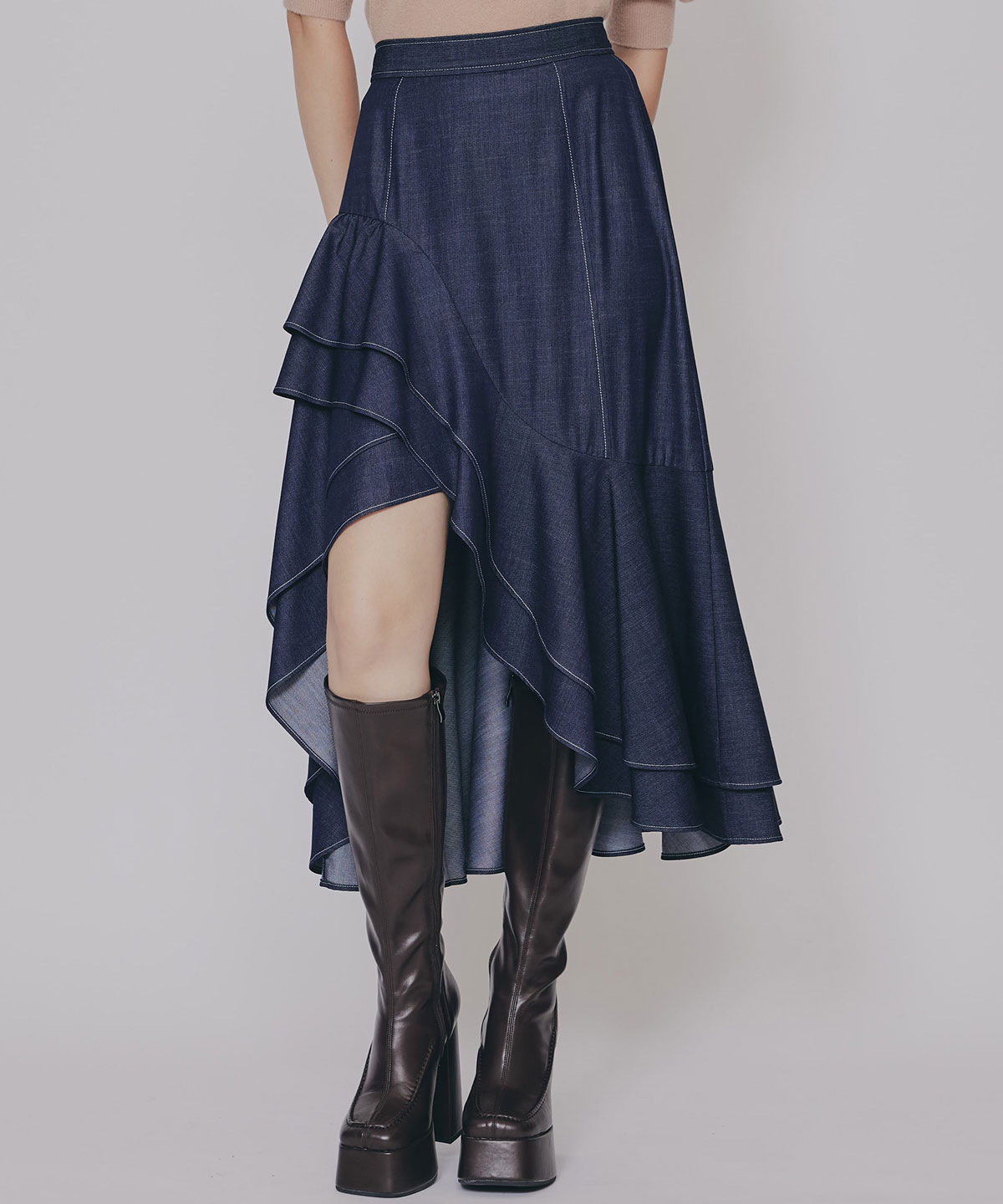 アシメフリルデニムライクティアードスカート