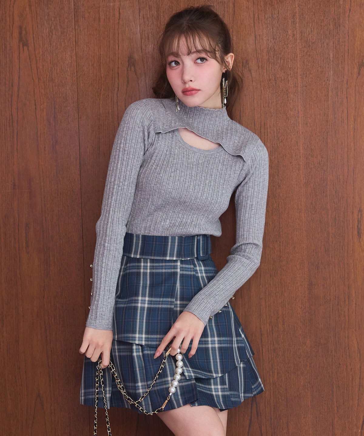 レイヤードライクチェックプリーツミニスカート