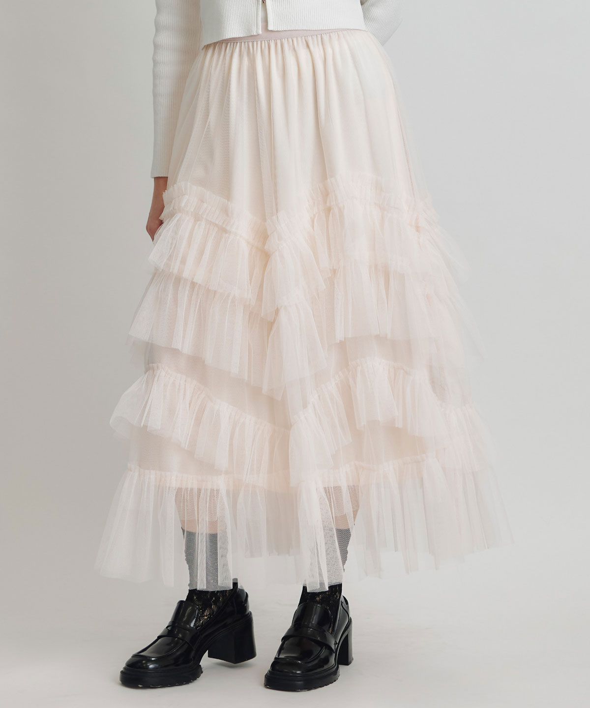 ギャザーチュールティアードロングスカート