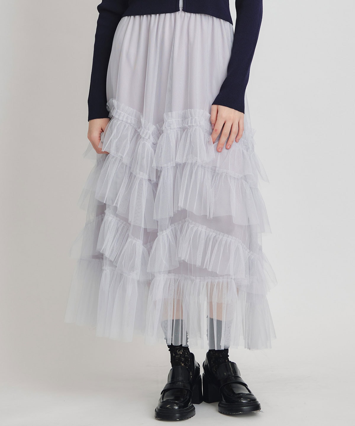 ギャザーチュールティアードロングスカート