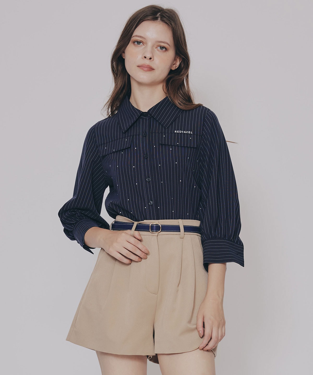 三月 COFREX】 スキッパー 七分袖 レディースデザインシャツ(S ブルー