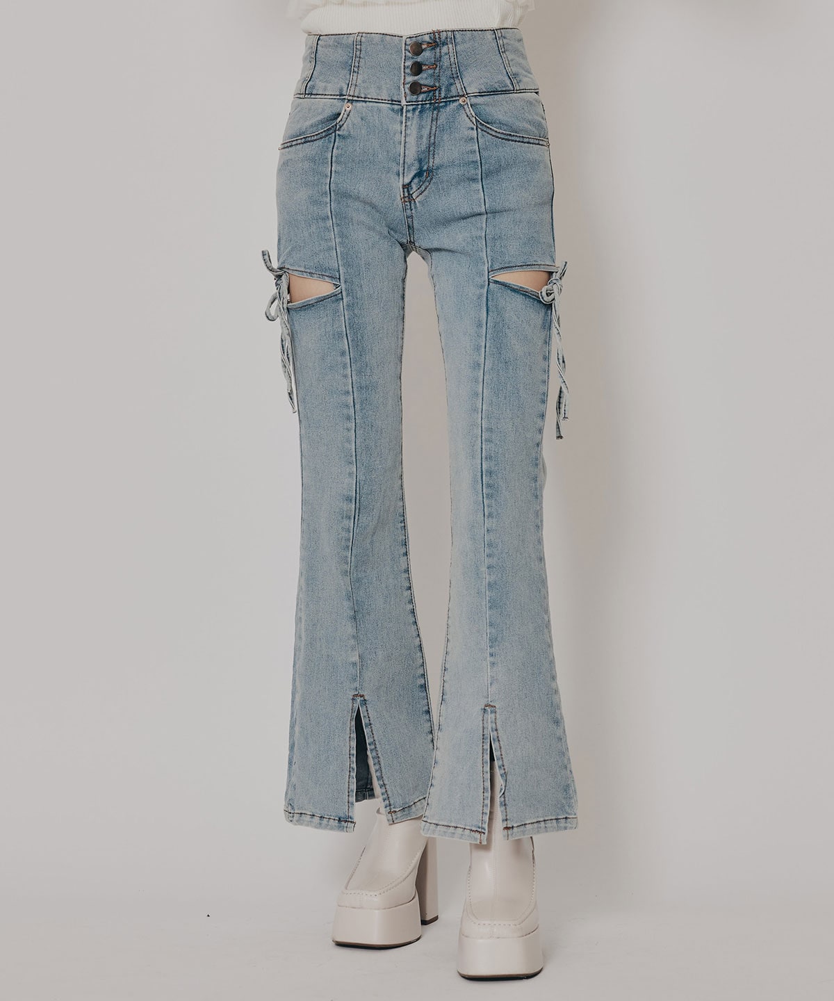 カットアウトリボンストレッチデニム