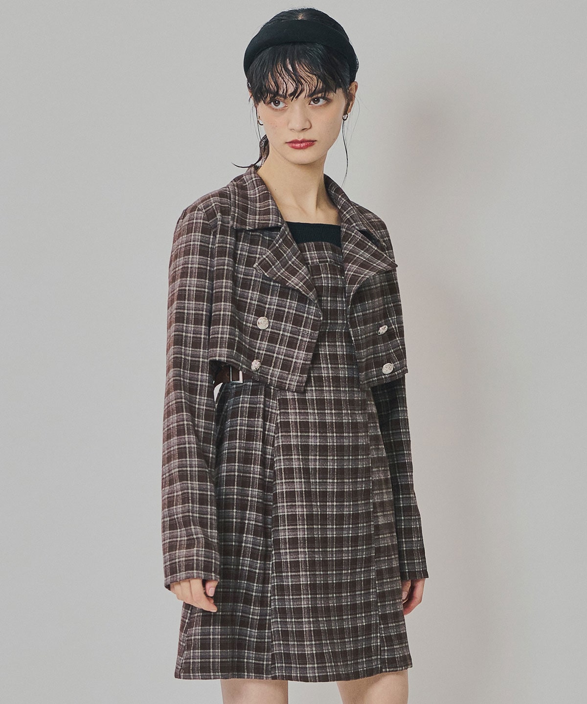 チェックショートジャケット×Wベルトワンピースセットアップ