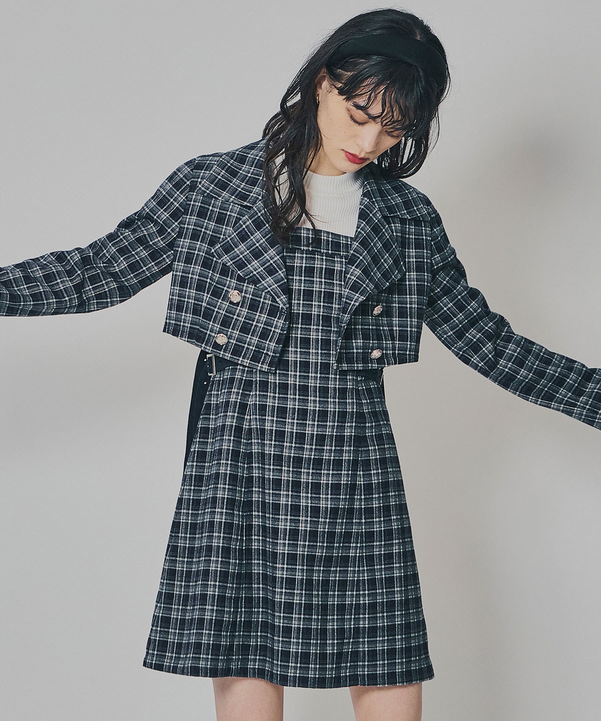 チェックショートジャケット×Wベルトワンピースセットアップ