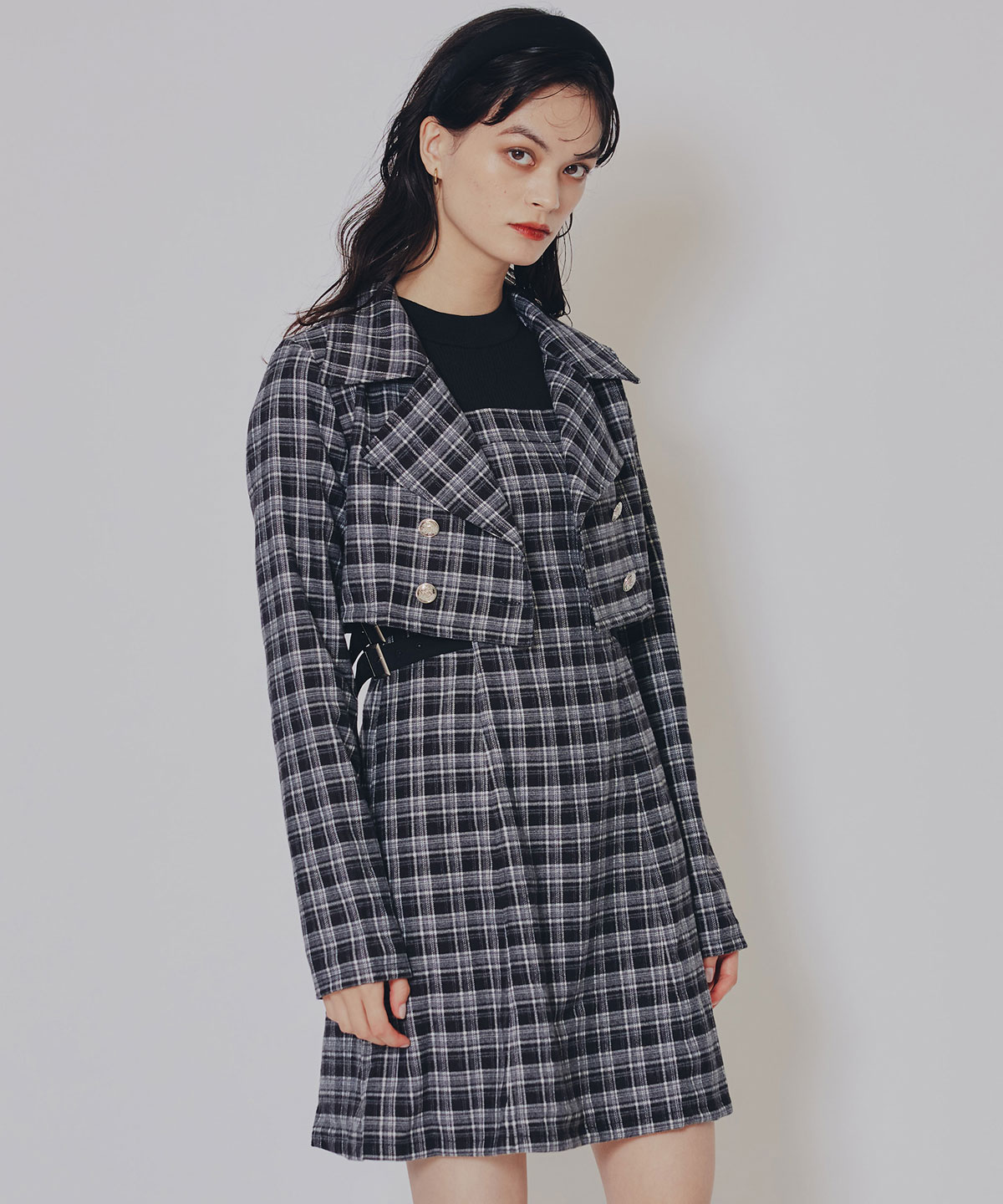 チェックショートジャケット×Wベルトワンピースセットアップ
