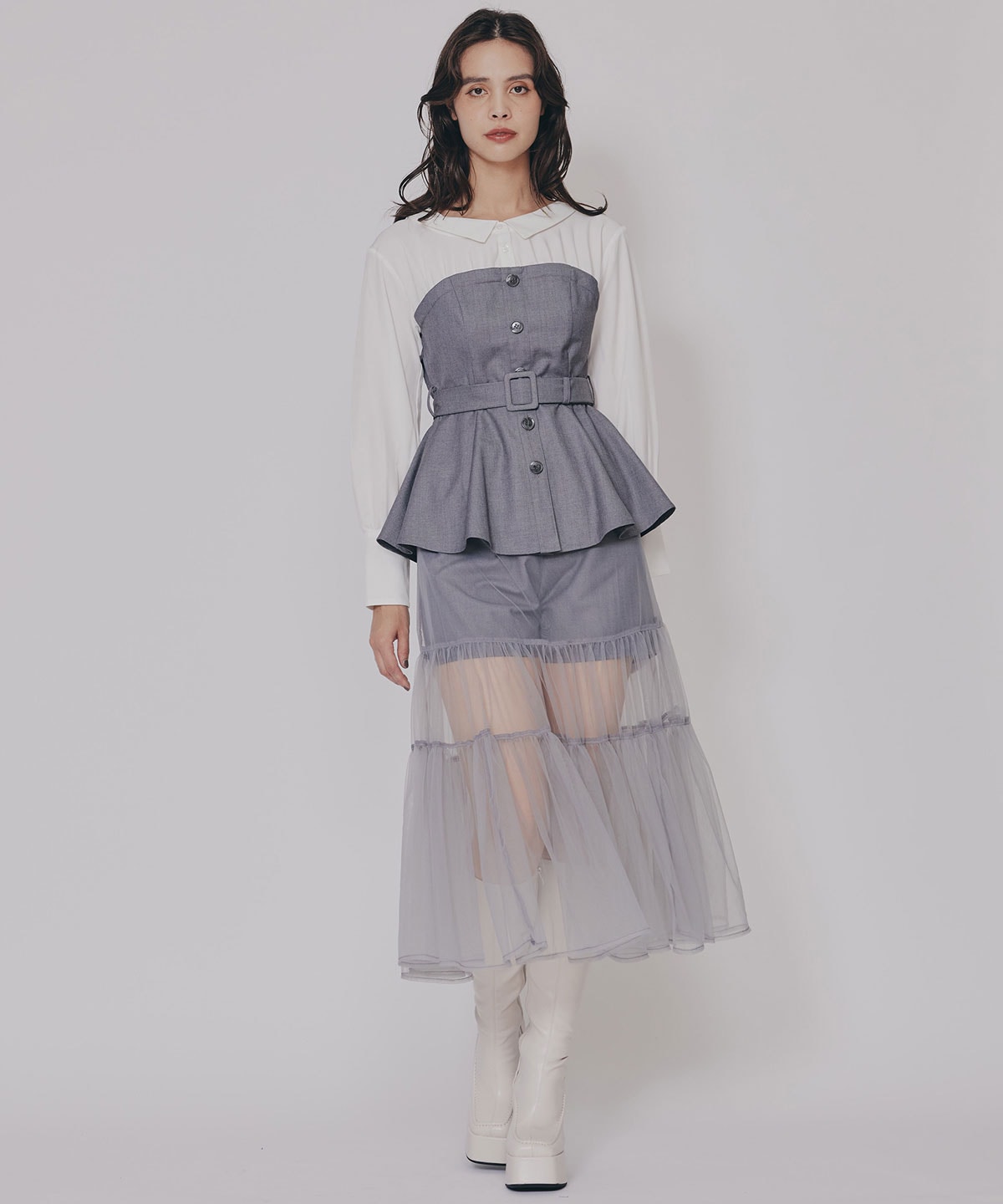 シャツドッキングチュールワンピース&ショートパンツセットアップ