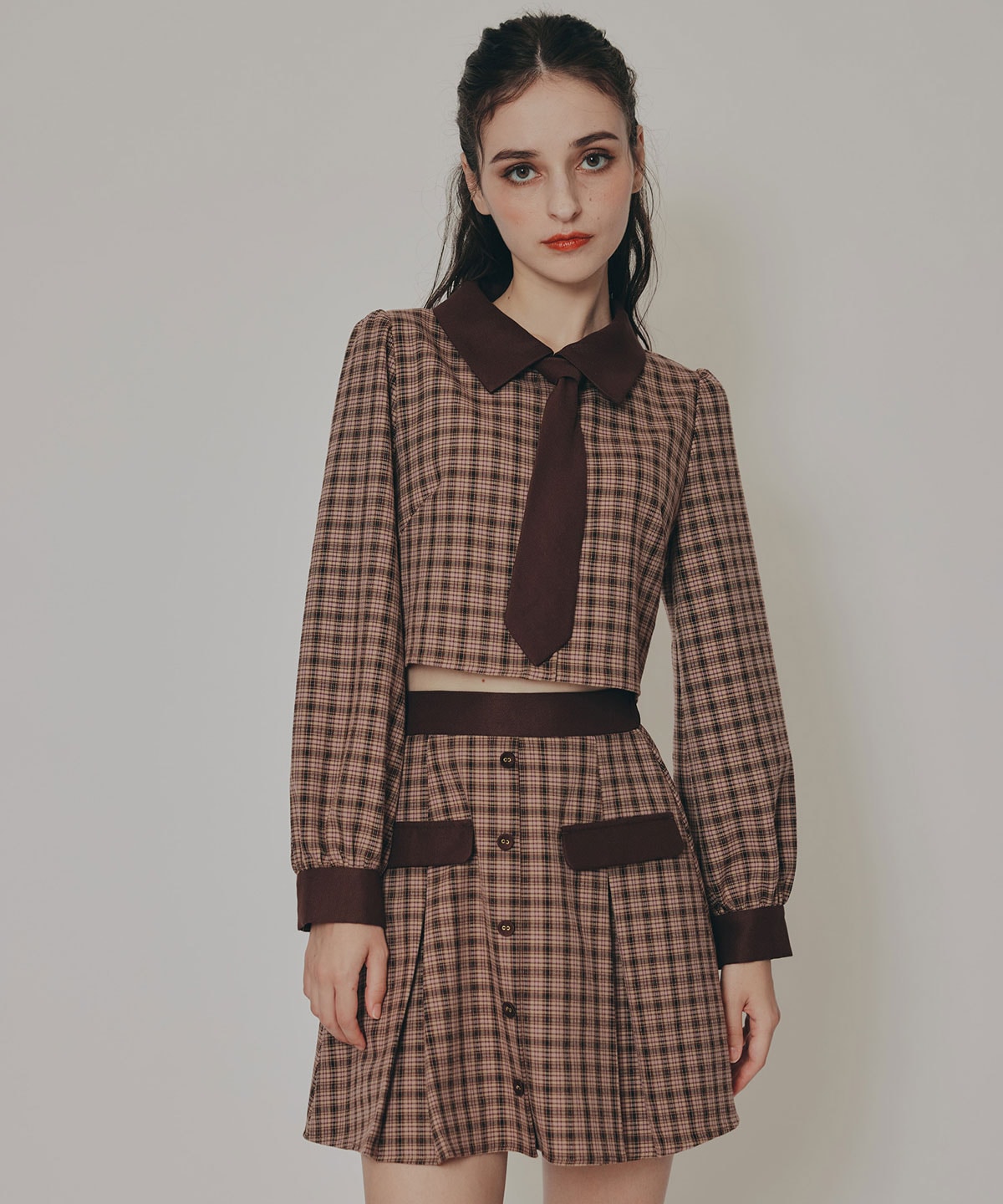 バイカラークラシックチェックブラウス×ミニスカートセットアップ