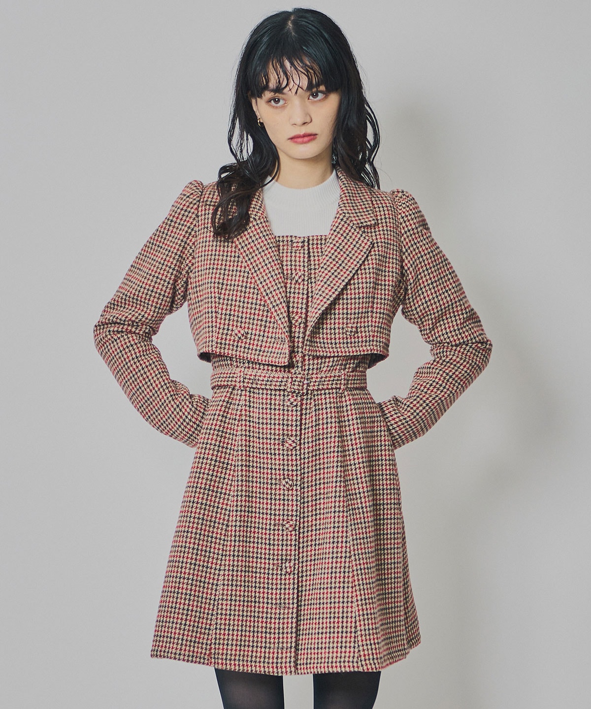 ハウンドトゥースショートジャケット×ミニワンピース