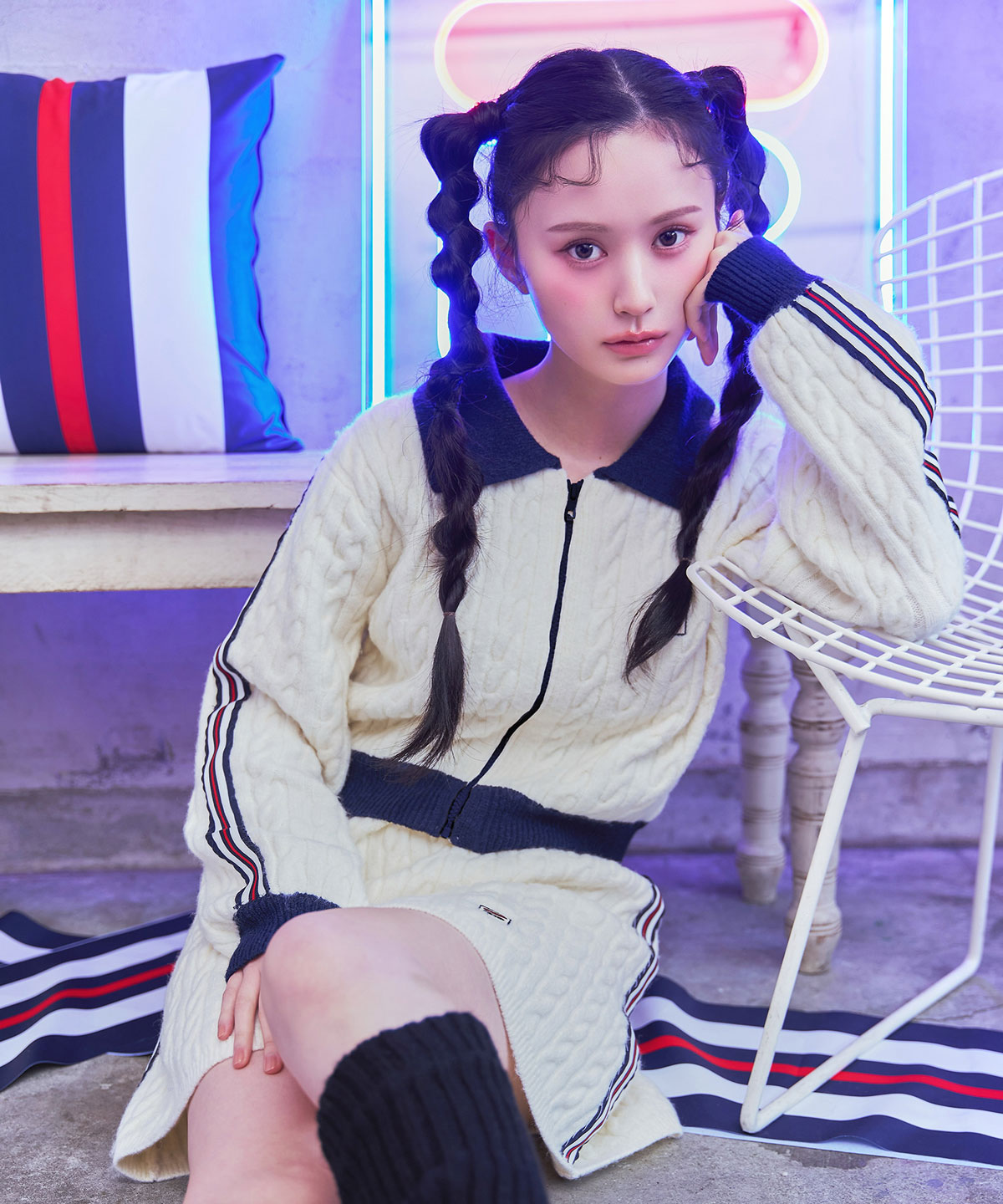 ［FILA×REDYAZEL］ケーブルニットトリコロールラインジャケット×タイトミニスカートセットアップ