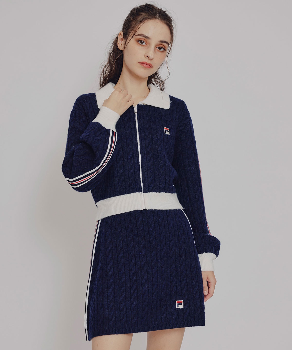 ［FILA×REDYAZEL］ケーブルニットトリコロールラインジャケット×タイトミニスカートセットアップ