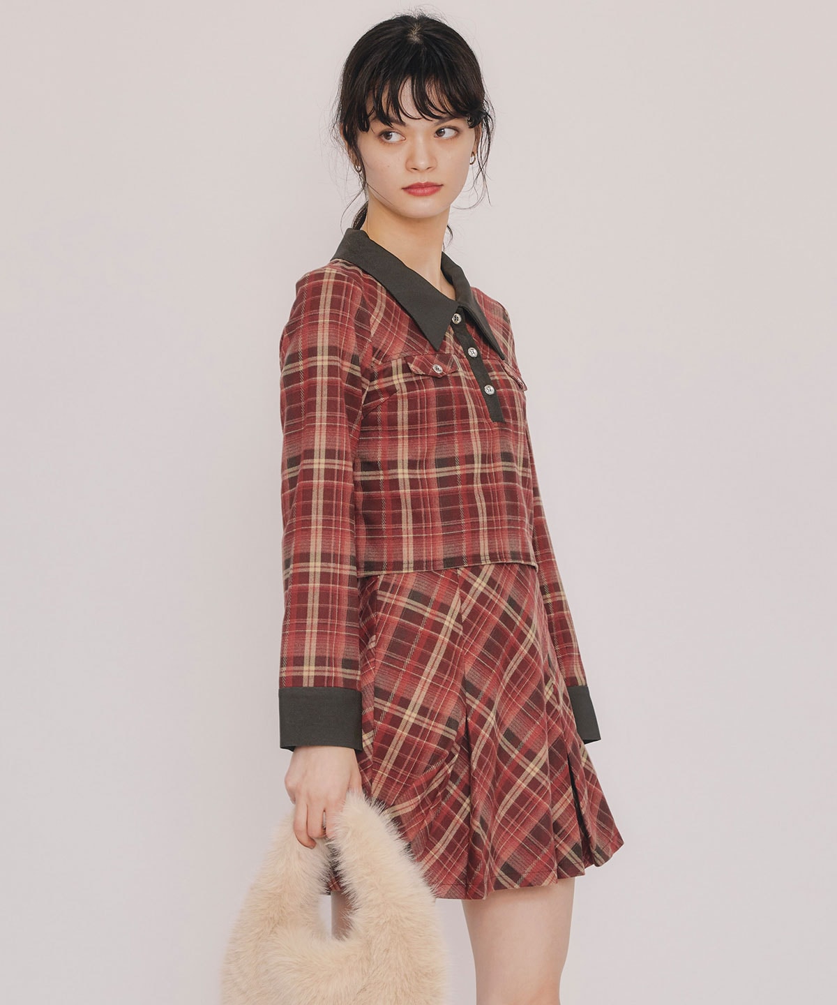 バイアスチェックショートブラウス×プリーツミニスカートセットアップ