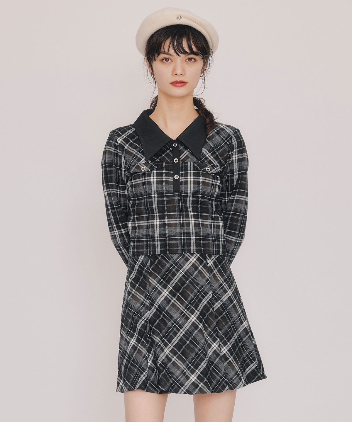 バイアスチェックショートブラウス×プリーツミニスカートセットアップ