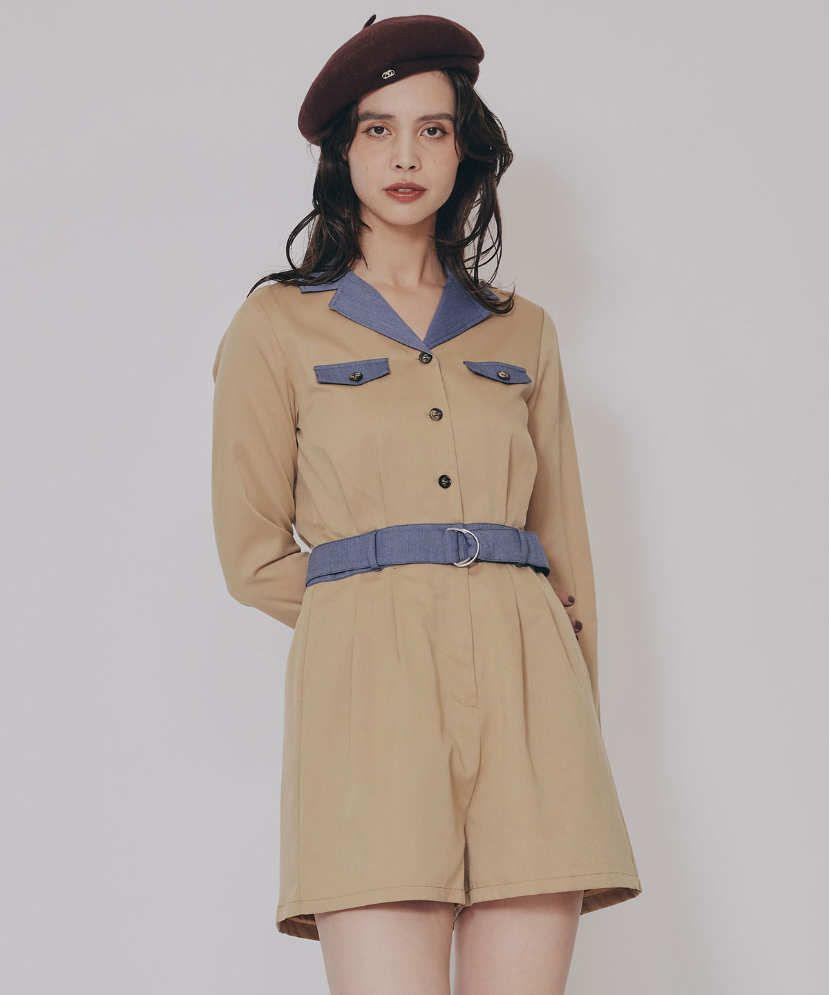 バイカラーベルトショートオールインワン