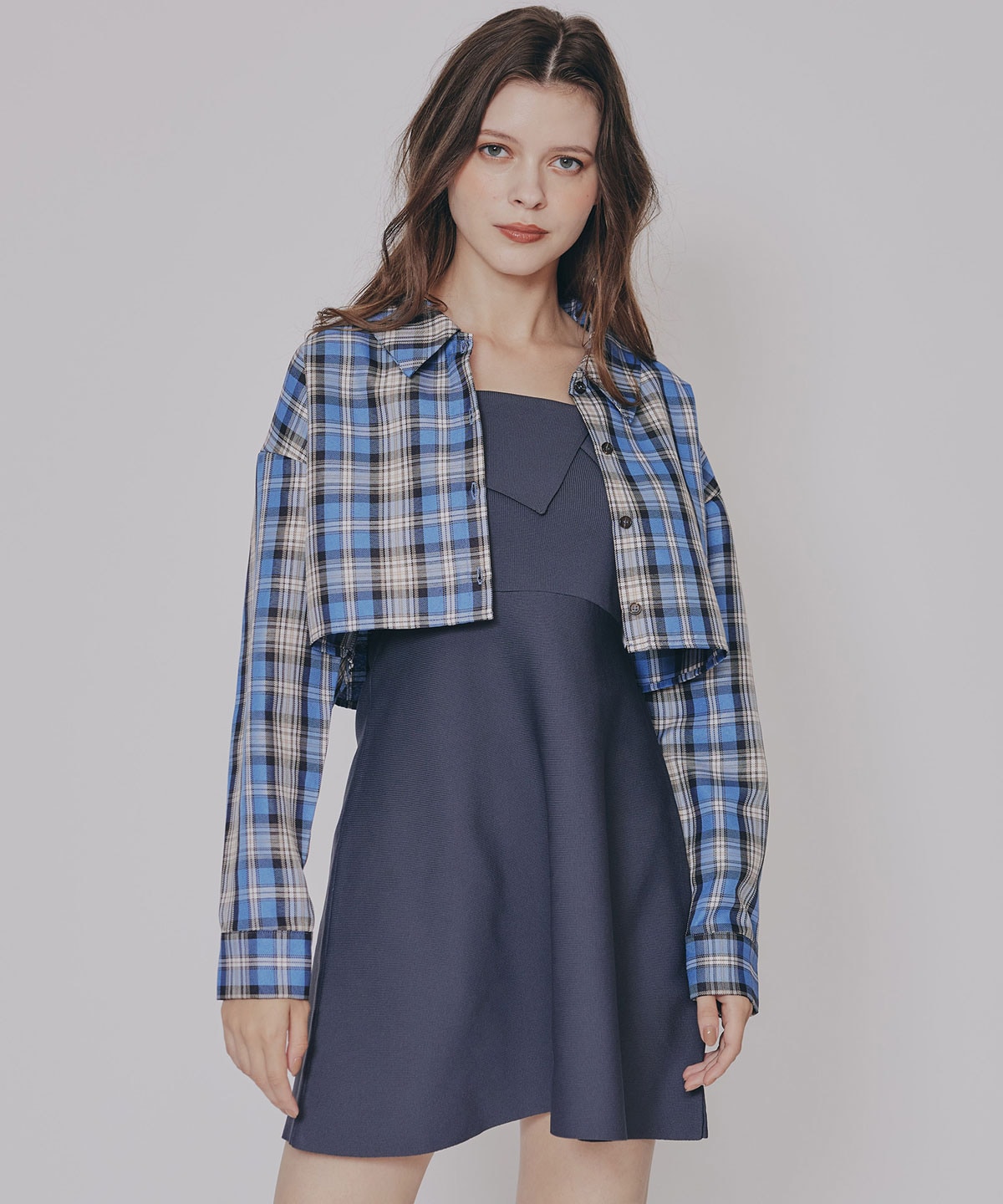 チェックショートシャツ×ニットミニワンピース