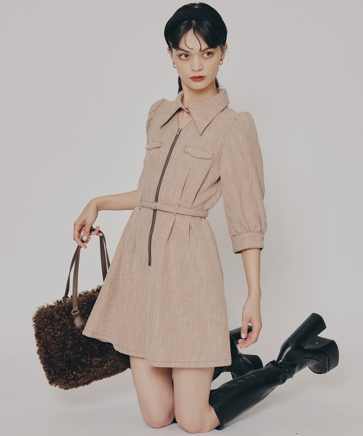 カラーミックスフロントZIPワンピース