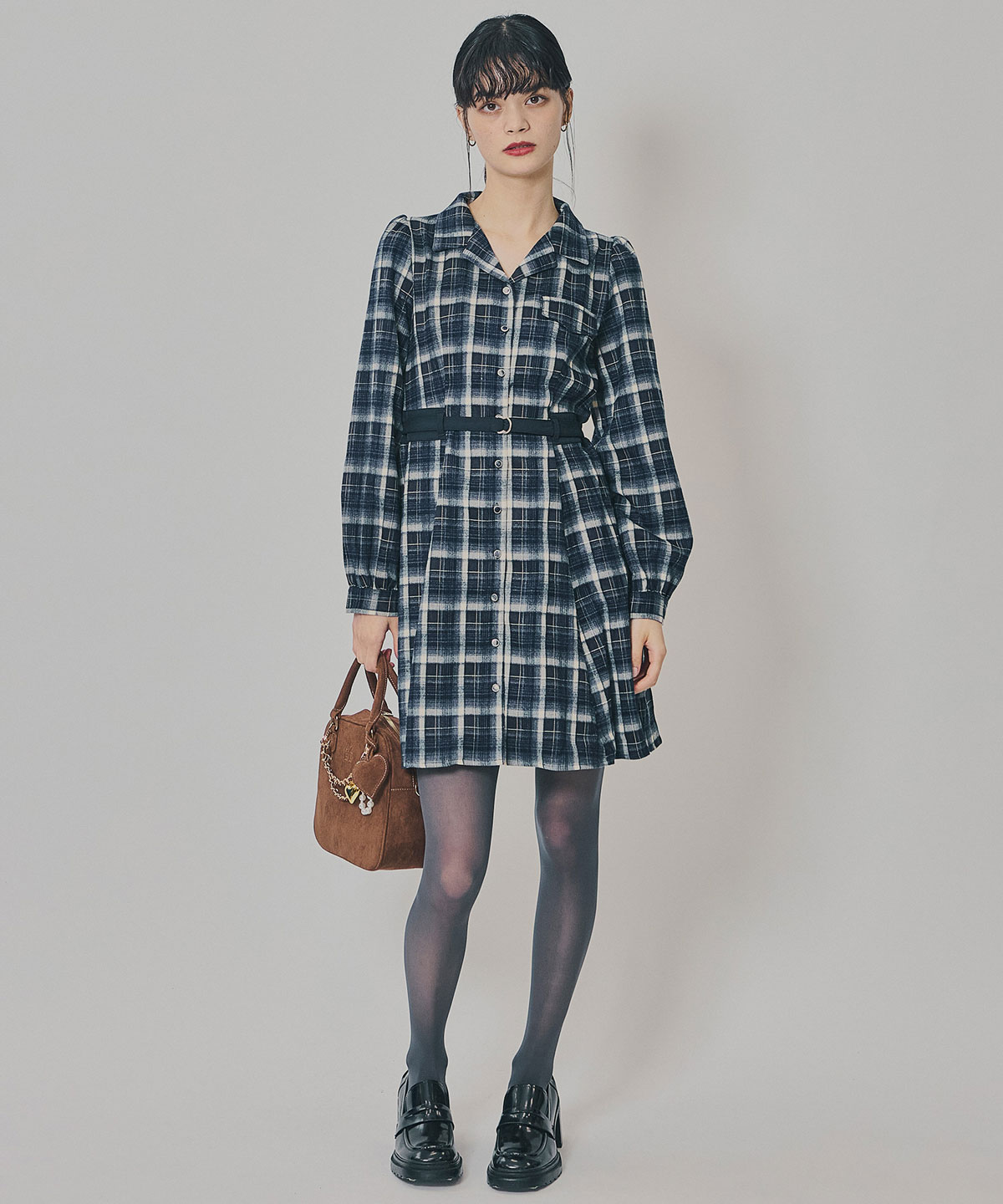 ウエストベルトチェックミニワンピース
