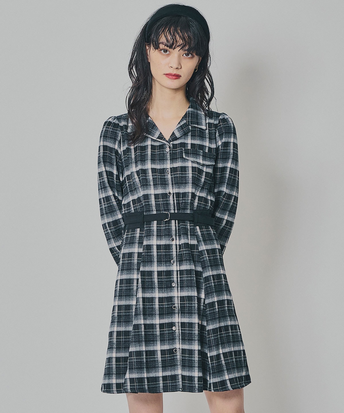 ウエストベルトチェックミニワンピース