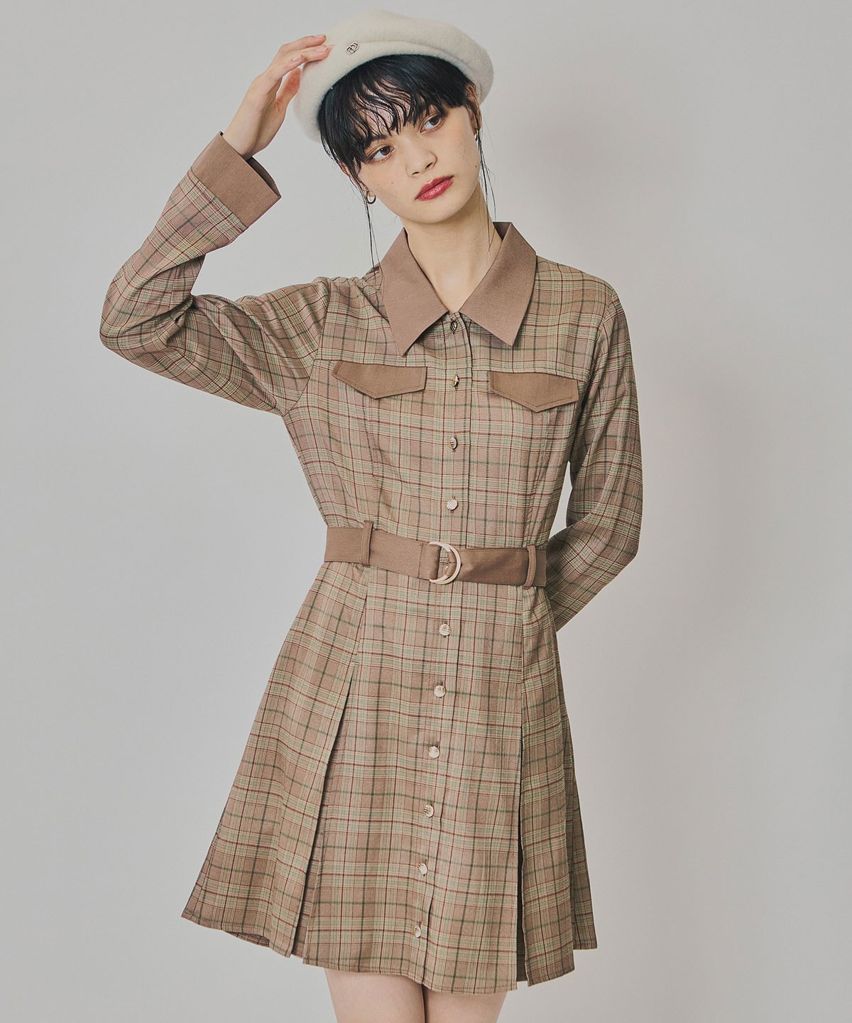 バイカラーチェックボックスプリーツシャツミニワンピース