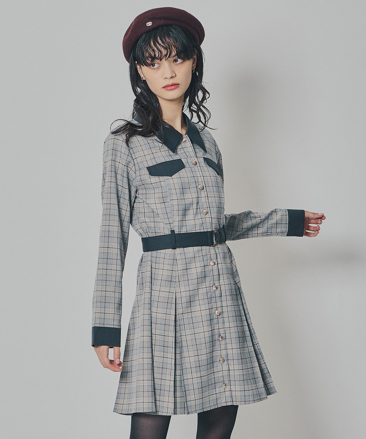 バイカラーチェックボックスプリーツシャツミニワンピース